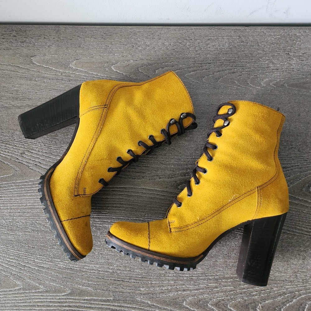 Miu Miu Mustard Yellow Suede Ankle Bootie Combat US 5.5 EU 35.5 Y2K Whimsigoth